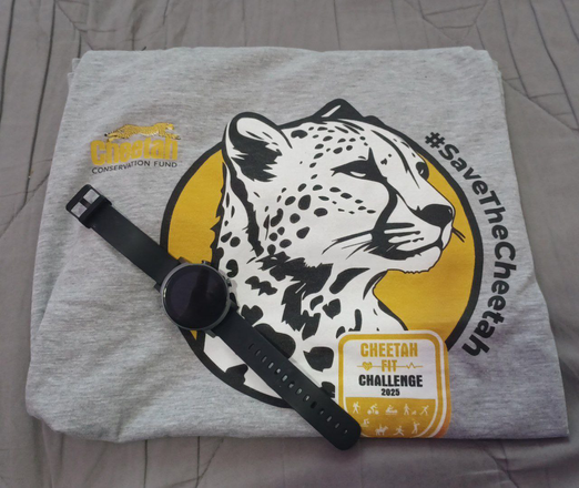 A gray t-shirt with Cheetah Fit Challenge 2025 design prominently featuring a cheetah's face and the hashtag SaveTheCheetah, and a black smart watch.