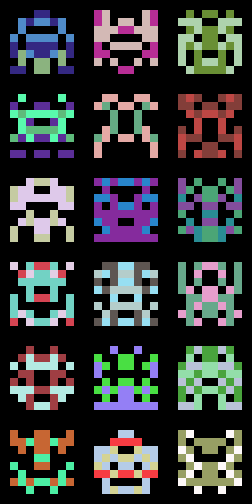 a 3x6 grid of multicolored 8x8 pixel aliens a la space invaders