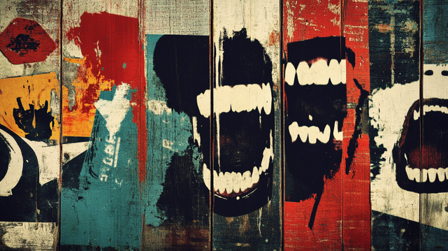Émeute Blah Blah
Collage urbain sur bois mêlant cris stylisés et textures punk, saturé de couleurs vives et d'énergie brute.
Urban collage on wood blending stylized screams and punk textures, saturated with vivid colors and raw energy.