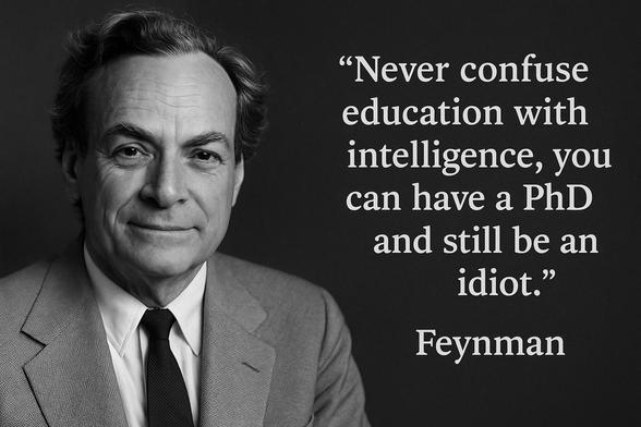 Das Schwarz-Weiß-Porträt zeigt den berühmten Physiker Richard Feynman in einem eleganten Anzug mit offenem, zugleich schelmisch-intelligentem Blick. Rechts neben seinem Gesicht steht in klarer, weißer Schrift das Zitat:
„Never confuse education with intelligence, you can have a PhD and still be an idiot.“
Diese Komposition bringt die Diskrepanz zwischen akademischem Titel und tatsächlicher Intelligenz auf den Punkt – ein visuelles Statement gegen oberflächliche Autoritätsgläubigkeit.

Image Description (English):
This black-and-white portrait features the renowned physicist Richard Feynman dressed in a suit, gazing into the camera with a witty, thoughtful expression. To the right of his face, the bold white quote reads:
“Never confuse education with intelligence, you can have a PhD and still be an idiot.”
The composition highlights the disconnect between formal titles and true intelligence – a visual critique of blind reverence for academic authority.🖖