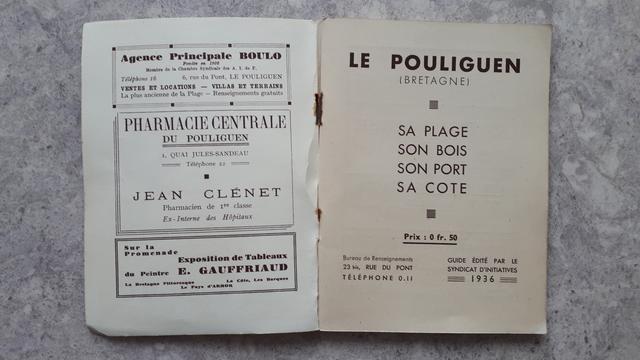 2e de couverture d'un livret de présentation du Pouliguen (Loire-Atlantique) à destination des vacancier.e.s en 1936. 
Texte : "Le Pouliguen (Bretagne), sa plage, son bois, son port, sa côte
Prix 50 centimes. Guide édité par le syndicat d'initiative 1936"