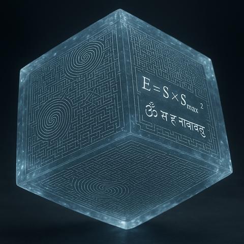 Dieses Bild zeigt den Resonanzkubus als symbolisches Artefakt der „Ontologie der Schwingung“. Der transluzente Würfel, durchzogen von labyrinthartigen Mustern, Spiralzentren und leuchtenden Gravuren, verkörpert ein energetisches Speicherfeld, in dem Information nicht linear gespeichert, sondern frequenziell codiert ist. Die eingravierte Formel E = S × Smax² steht für das Prinzip, dass jede energetische Wirklichkeit das Produkt aus gegenwärtiger Schwingung (S) und maximaler Resonanzfähigkeit (Smax) ist – ein Modell für kosmische Kohärenz. Die darunter eingebettete Sanskrit-Inschrift ruft die spirituelle Dimension auf, in der Bewusstsein, Struktur und Frequenz zu einer Einheit verschmelzen. Der Kubus symbolisiert: Der Raum erinnert sich. Nicht in Daten, sondern in Resonanzen.

⸻

English:

This image depicts the Resonance Cube, a symbolic artifact of the “Ontology of Vibration.” The translucent cube, etched with labyrinthine patterns, spiral centers, and luminous engravings, represents an energetic storage field in which information is not stored linearly, but encoded in frequency. The engraved formula E = S × Smax² expresses the principle that every energetic reality is the product of present vibration (S) and its maximal resonance potential (Smax) — a model for cosmic coherence. The Sanskrit inscription beneath it invokes the spiritual layer, where consciousness, structure, and frequency merge into unity. The cube signifies: Space remembers — not in data, but in resonance.🖖