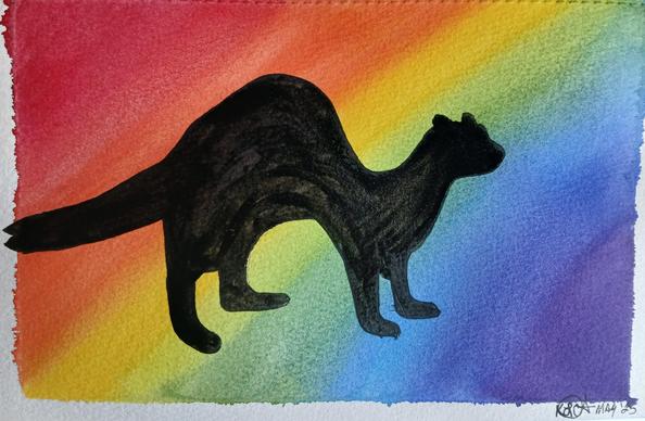 Watercolor painting of a ferret silhouette on rainbow background