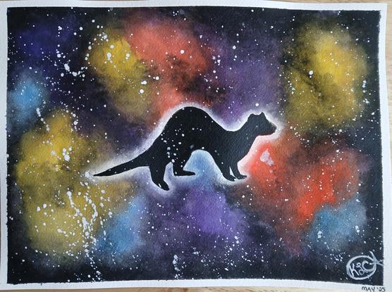 Watercolor painting of a ferret silhouette as a nebula in space