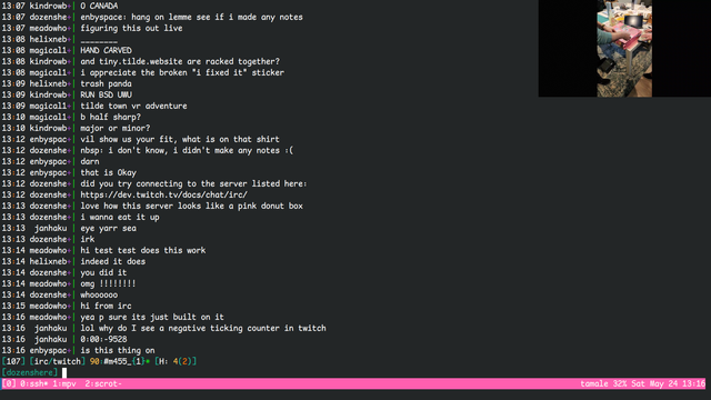 screenshot of a twitch stream over an irc chat. on the stream is a beautiful pink server covered in cool vinyl stickers