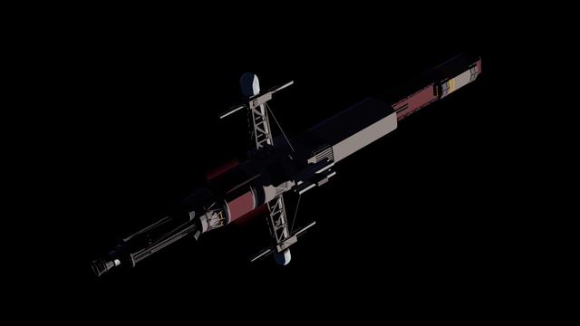 A 3D model of a spaceship roughly in the shape of a sword.