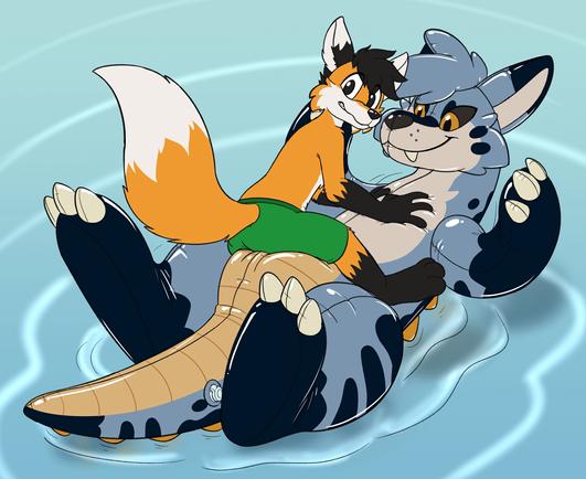 A fox in swimming trunks grins sheepishly while straddling an inflatable jackodile that floats on its back.