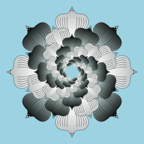 Drawing of birds radiating from the center, octagonal symmetry. Birds are whitish and blackish, over a light cyan background.