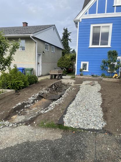 a first photo toward the driveway shows two tracks of white drain rock with brown dirt between and on the sides. There is a blue house behind. Ne of the tracks has been emptied of gravel.