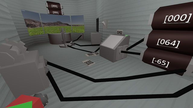 In-game screenshot with QR-code programs littering the floor among cables.