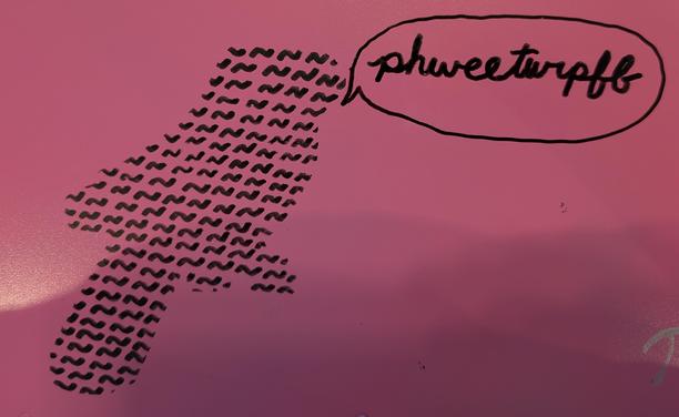 stenciled art of a grid of ~ making up a shrike silhouette and it's saying phweeturpff