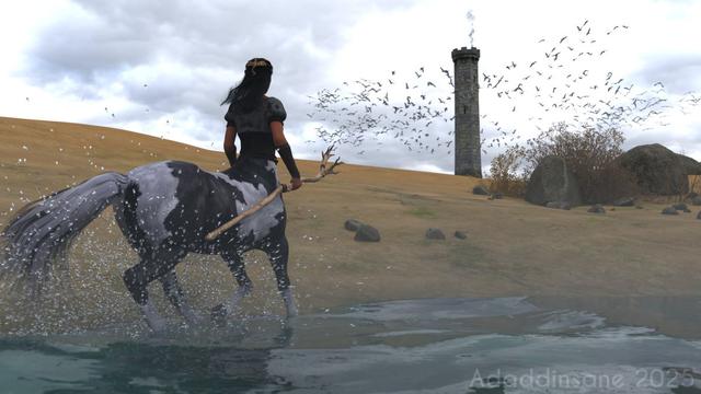 A cloudy day. In the foreground, cantering through the water on the edge of a beach (or river bank) is a centauress (trust me, I've seen her from the front). Her horse colouration is piebald.

She's wearing a leather and linen top with leather bracers and carrying some sort of staff that might be magic.

It looks as if she's heading for a stone tower around which huge numbers of gulls are  circling.

There's a thin trail of smoke rising from its crenelated top.