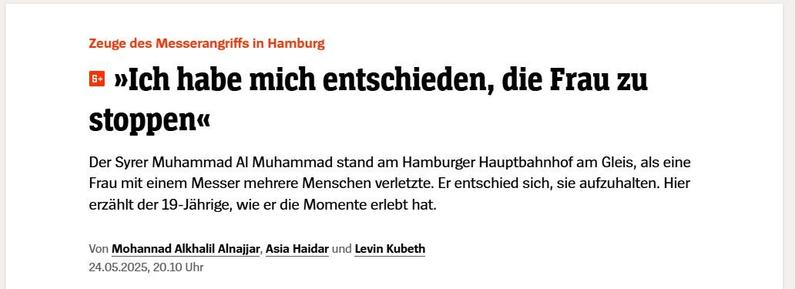 Screenshot der Spiegel-Nachrichten-Seite mit dem zitat von Muhammad Al Muhammad »Ich habe mich entschieden, die Frau zu stoppen«