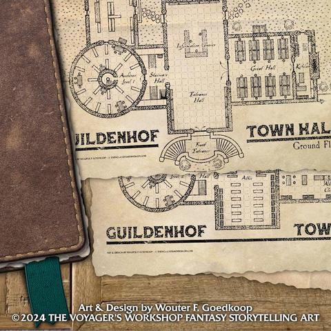A leather bound book with detailed maps of the Guildenhof town hall sticking out of it.