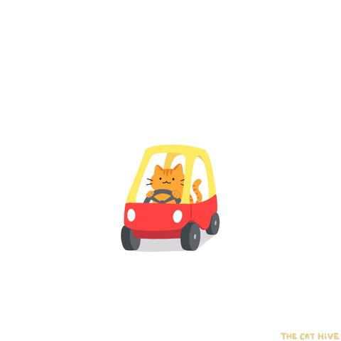 Doodle of an orange cat driving a little red and yellow toy car.