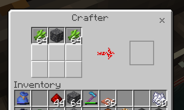 The autocrafter dialog, showing three unlocked slots, two filled with sugarcane and one filled with deepslate. That isn't a valid recipe so nothing is crafted and the entire system grounds to a halt.
