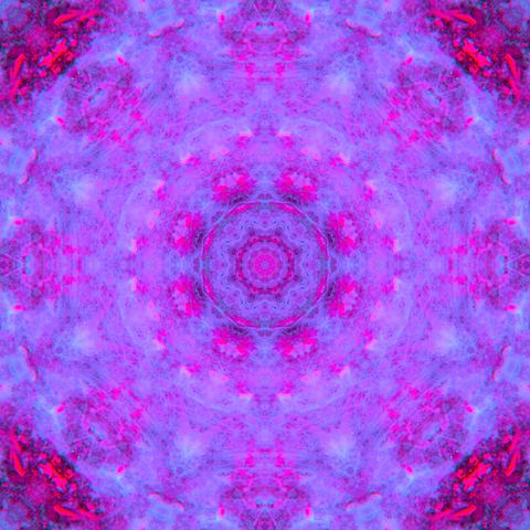 8-fold mandala with softly structured bright blue and pinkish red colors.