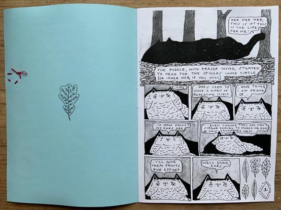 The first page of the comic with Fraser the cat trapped inside a giant puddle, but all is not lost as Fraser’s ears are still pointy…not pointy enough to escape but impressive nonetheless.