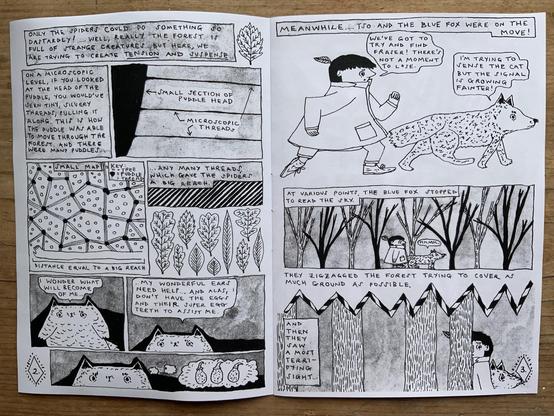 Here is a close up of the puddle, showing that it is able to travel through the forest due to many microscopic spider threads pulling it along. Meanwhile, Tso and the blue fox have sensed Fraser is in danger and are on the case.