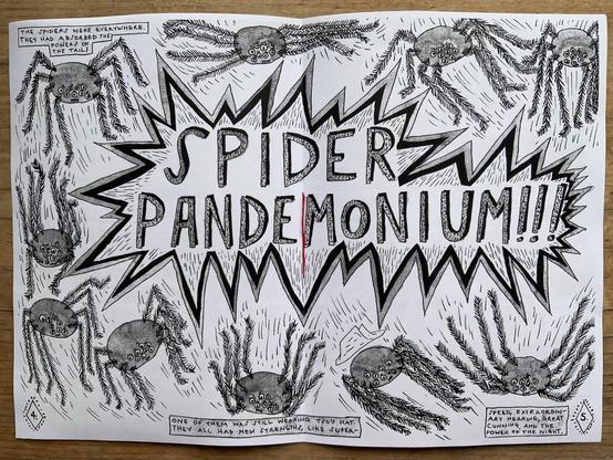 The middle pages of the zine featuring a spider pandemonium! They are flying everywhere and full of blue fox powers.