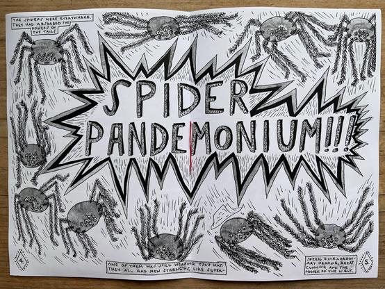 The middle pages of the zine featuring a spider pandemonium! They are flying everywhere and full of blue fox powers.