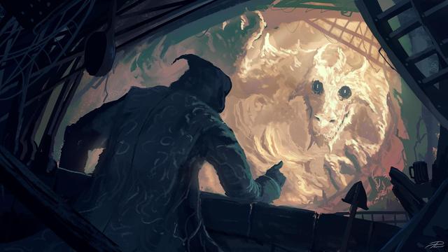 A wizard pointing at a creepy dragon