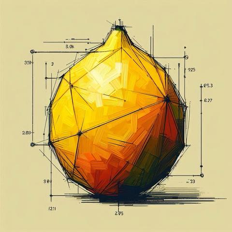 This image showcases a yellow lemon rendered in a geometric, fragmented, low-poly painterly style, overlaid with lines and notations reminiscent of technical drawings. The lines and notations, along with the title, allude to the philosophical concept of the Theory of Forms, which posits that physical objects are imperfect representations of ideal forms or essences.