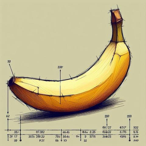 This image showcases a yellow banana rendered in a geometric, fragmented, low-poly painterly style, overlaid with lines and notations reminiscent of technical drawings. The lines and notations, along with the title, allude to the philosophical concept of the Theory of Forms, which posits that physical objects are imperfect representations of ideal forms or essences.