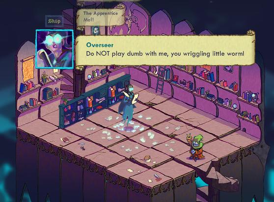 Isoterick cropped screenshot. A library room eerily backlit by a spectre background. The room is empty but in a circle of loose paper leaves, a female ghost with big glowing glasses, a quill and some paper floats above the ground.
She's the Overseer and she's talking to the player.
"Do NOT play dumb with me, you wriggling little worm!"