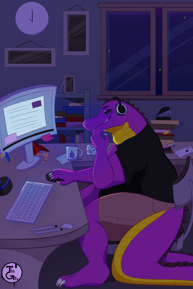 - Drawing Type:
(Repost) Normal Style / Cell Shading / Fullbody

- [ 1 ] Character/s:
* Furry / Male / Crocodile

- Background:
Complex (Set up gamer)

- Description:
Drawing of a purple crocodile readiong some documents on hiw computer while it's night