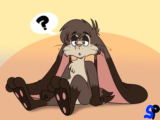 An anthropormophic rabbit, looking at the viewer while scratching their right leg. A question mark bubble appears on top of the rabbit.