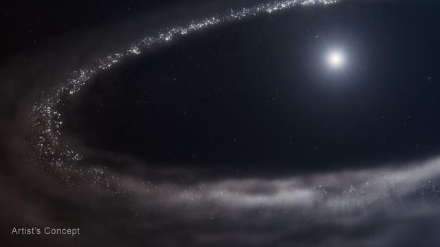 For the first time, researchers confirmed the presence of crystalline water ice in a dusty debris disk that orbits a Sun-like star, using NASA’s James Webb Space Telescope. All the frozen water detected by Webb is paired with fine dust particles throughout the disk. The majority of the water ice observed is found where it’s coldest and farthest from the star. The closer to the star the researchers looked, the less water ice they found.

 * Artwork Credits:
NASA, ESA, CSA, STScI, Ralf Crawford (STScI)