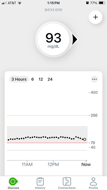Screenshot of a continuous glucose monitor showing a normal reading of 93 mg/dL, and a nearly flat graph of normal values over the past three hours.