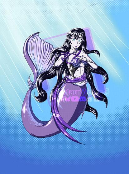 Adasteia as a mermaid in the middle of the ocean, her fists up ready to fight anyone. Her Long black hair flowing in the ocean water.