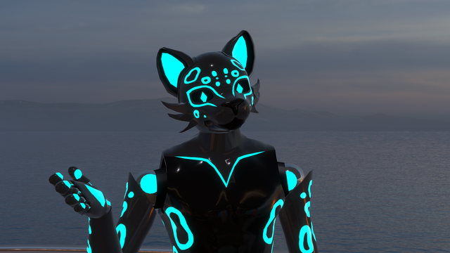VR Chat avatar, a dark, shiny robot cat with cyan glowing spots and eyes