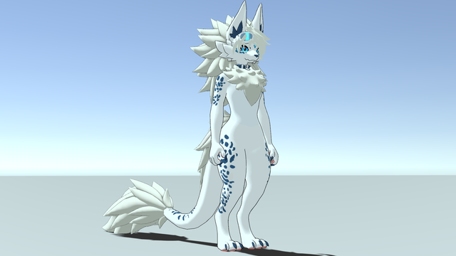 A VR chat avatar, a white novabeast with sparse blue spots