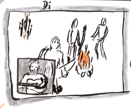 a rough ink sketch:

People standing around a fireside with bow and spear and in the foreground a frame with a bearded man playing guitar.