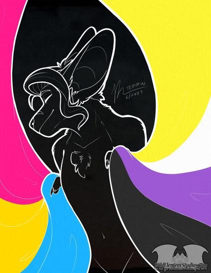 Black background colour with white Inked image of a fox-like anthro/furry with large ears and shirt cut hair smiling with eyes closed and holding to flags that swirl out to the sides and are coloured. One nonbinary flag, one pansexual flag