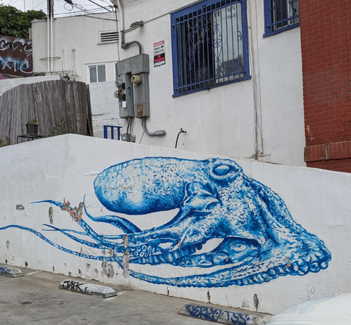 Swimming octopus in blue on a white wall