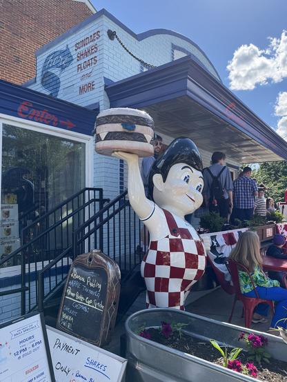 The image depicts a vibrant scene outside a restaurant named "Here," which specializes in sundaes, shakes, floats, and more. The building features a white brick facade with a blue awning and a sign that reads "Enter." A large, cheerful statue of a cartoon character in a red and white checkered apron is prominently displayed, holding a large ice cream sundae above its head. The statue has a friendly expression with blue eyes and a wide smile.

In the foreground, a chalkboard sign lists daily specials, including banana pudding, apple turnover, and a brown butter cup sundae, with flavors like chocolate and vanilla swirl. Another sign indicates that payment is only accepted for shakes, with a note that the restaurant is sold out. A menu board shows the restaurant's hours, from 12 PM to 6 PM, and mentions "Sundae & Goode" and "Kream Soda."

People are seen entering the restaurant, and a child is seated at a red table, enjoying the outdoor seating area. The scene is set on a sunny day with a clear blue sky and a few clouds, enhancing the inviting atmosphere of the establishment.

Provided by @altbot@fuzzies.wtf, generated privately and locally using Ovis2-8B

🌱 Energy used: 0.268 Wh
