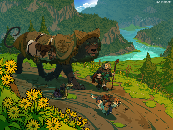 Illustration of four characters - a large hairless feline, a serpent, a gnome, and a canine. They are all carrying various styles of bags or packs and traveling along a path overlooking a river gorge. The gnome appears to be speaking to the feline and the serpent, while the canine is running ahead chasing a dragonfly.