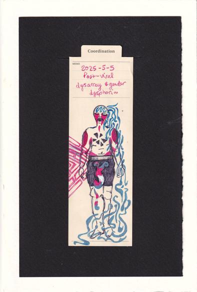the figure is adorned in bright pink baby blue, and white. A squiggle of blue in their head like a brain turns into a series of cascading blue lines which writhe and wiggle and fall down the figure's side and tangle around their feet. Large diagonal rectangles make an arrow head pointing into the figure's crotch. abstract shapes resembling a uterus and melting drips, in the trans pride flag colors, fall down the figure's leg. There are other details, indluding sharp triangle-like tears under closed eyes, and arrows pointing in at the heart. Some areas of other pain are marked, the throat, outer arms, armpits, and elbow interiors. The figure is shirtless and has some body fat lines, and wears long shorts like boxer-briefs.