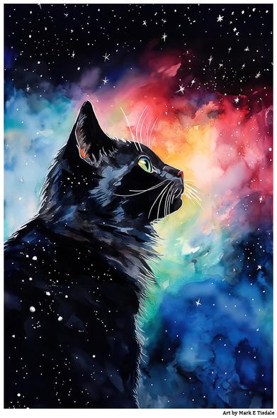 Colorful digital art showing a black cat in profile with a cosmic night sky behind him.