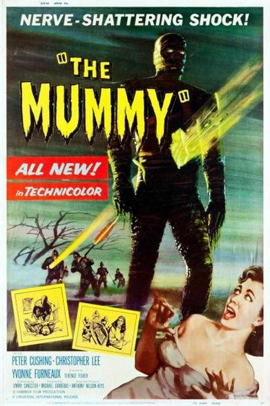 The poster from Hammer Films’ The Mummy (1959) features the tagline “NERVE-SHATTERING SHOCK!" above the title, and depicts the bandaged monster with an incredibly strong yellow flashlight beam shining directly through a hole in his torso from behind—and a woman in the foreground seems to be saying, “Oh, geez, I hope my dress isn’t that see-through in bright light!”