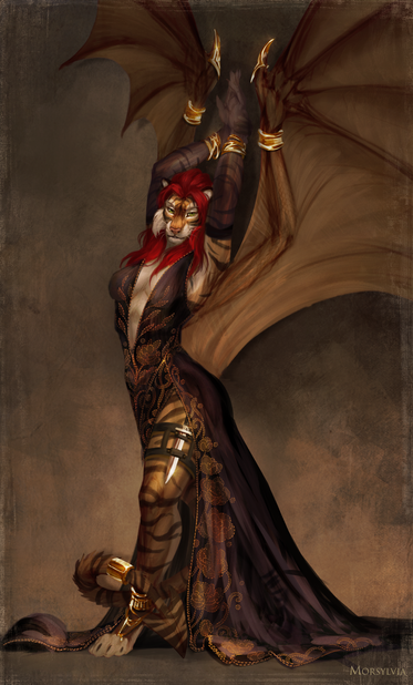 A red-haired anthro tigress with a spaded tail and dragon wings poses in a revealing dress with her arms and wings raised.