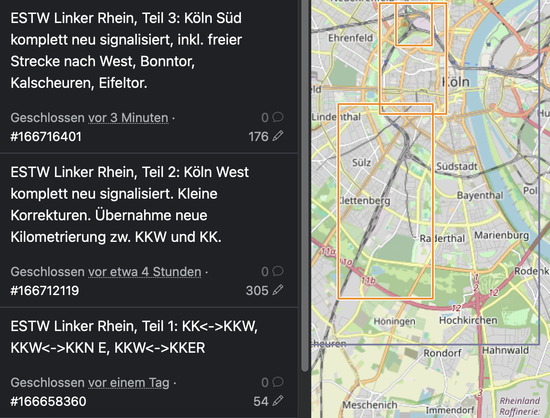 Beschreibung von Änderungssätzen in der Open Street Map: "ESTW Linker Rhein, Teil 3: Köln Süd komplett neu signalisiert, inkl. freier Strecke nach West, Bonntor, Kalscheuren, Eifeltor.
Geschlossen vor 3 Minuten •
#166716401"

"ESTW Linker Rhein, Teil 2: Köln West komplett neu signalisiert. Kleine Korrekturen. Übernahme neue Kilometrierung zw. KKW und KK.
Geschlossen vor etwa 4 Stunden •
#166712119"

"ESTW Linker Rhein, Teil 1: KK<->KKW, KKW<->KKN E, KKW<->KKER
Geschlossen vor einem Tag •
#166658360"

Daneben eine Karte, auf der die bearbeiteten Bereiche hervorgehoben sind.