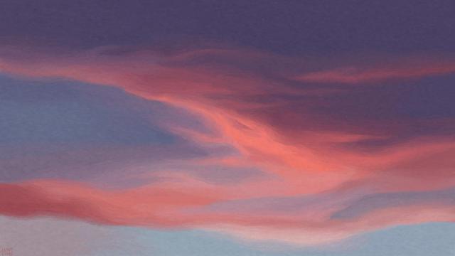 Digital painting of a sunrise sky filled with pastel colours, blue and purple with wispy pink clouds sprawled across the frame.