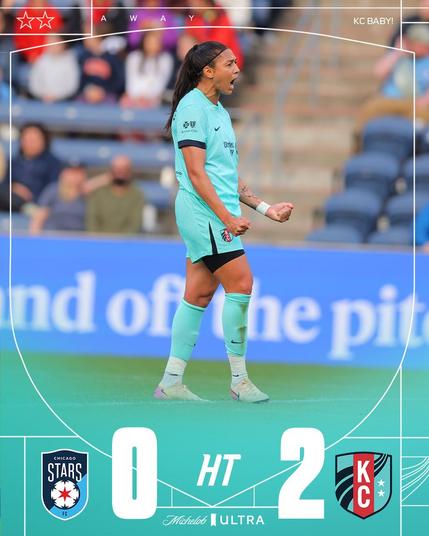 Halftime graphic with a photo of Zaneratto celebrating her goal. HT: 0-2