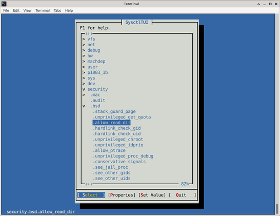 A window (text user interface) in a terminal show the FreeBSD sysctl nodes like a navigable tree.