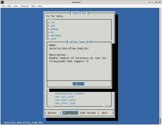A window (text user interface) in a terminal shows the description of the FreeBSD sysct node, name: security.bsd.allow_read_dir, description: "Enable read(2) of directory by root for filesystems that support it".